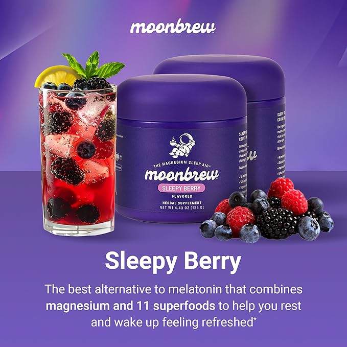 MoonBrew Nighttime Magnesium Sleepy Berry Smoothie Natural Sleep Aid Drink Mix for Adults 2-Pack - Calming Melatonin-Free Sleep Support with L-Theanine Chamomile &amp Zinc Glycinate - 50 Servings