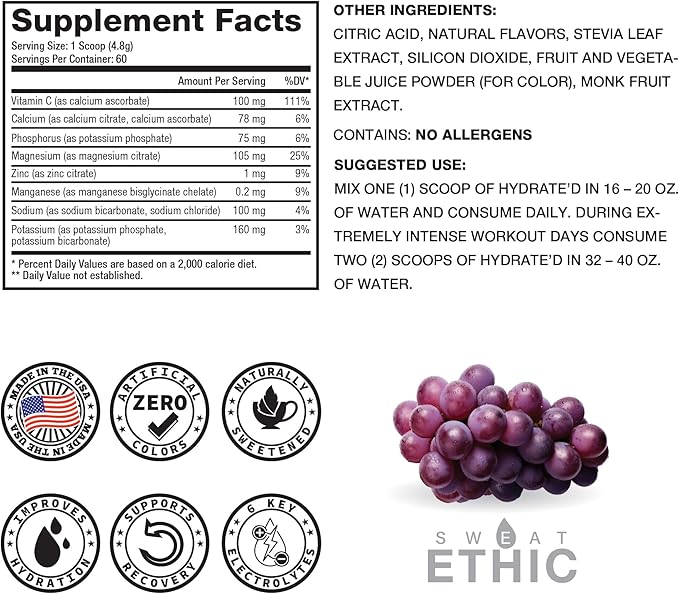 Sweat Ethic Hydrate’D Electrolytes Electrolyte Powder with Potassium Magnesium &amp Vitamin C Easy Mix Powder for Hydration &amp Performance Support Natural Ingredients Grape Flavor 60 Servings
