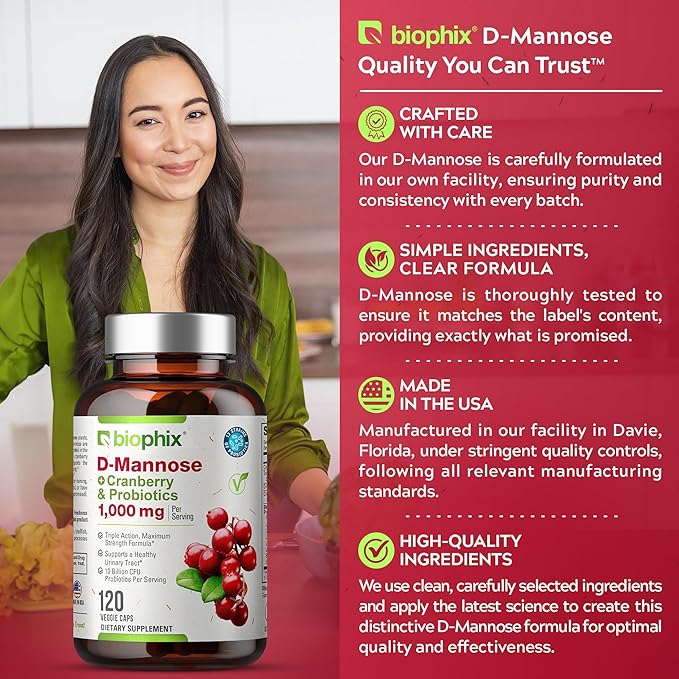 biophix D-Mannose 1000mg Capsules with Cranberry &amp Probiotics - D Mannose Supplements for Women - D-Mannose Pills for Urinary Tract &amp Bladder Health Support - Digestive Well-Being - 120 Vcaps