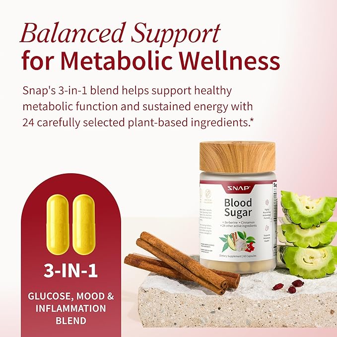 Snap Supplements Blood Sugar Blend with Berberine CoQ10 Cinnamon and Gymnema to Support Already Healthy Blood Sugar Metabolic Health and Energy Sugar Free 60 Capsules (Packaging May Vary)