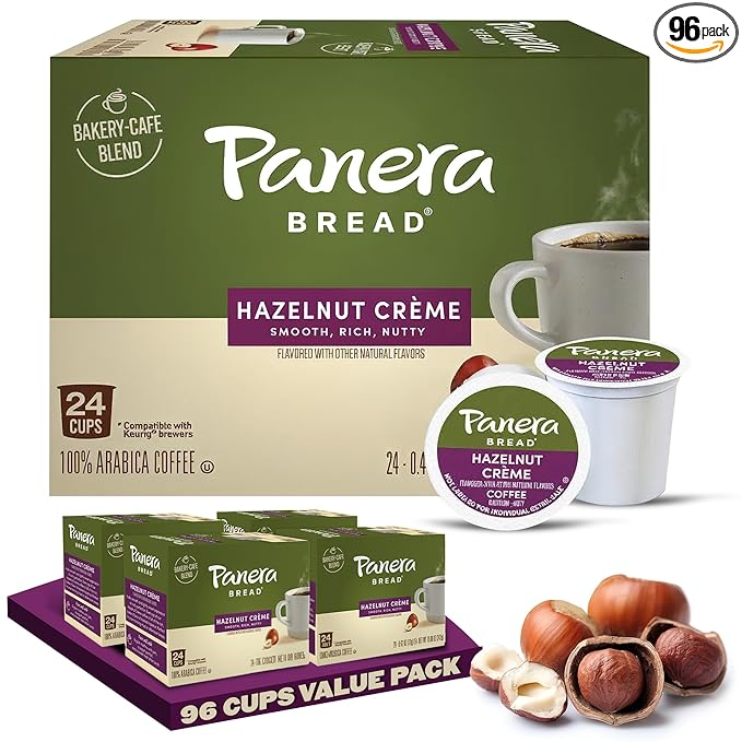Panera Bread Hazelnut Crème Light Roast Coffee - Cafe-Quality Cup Pods Smooth Buttery Flavor 100% Arabica No Artificial Ingredients 96 Single Serve Pods (4 Packs of 24)