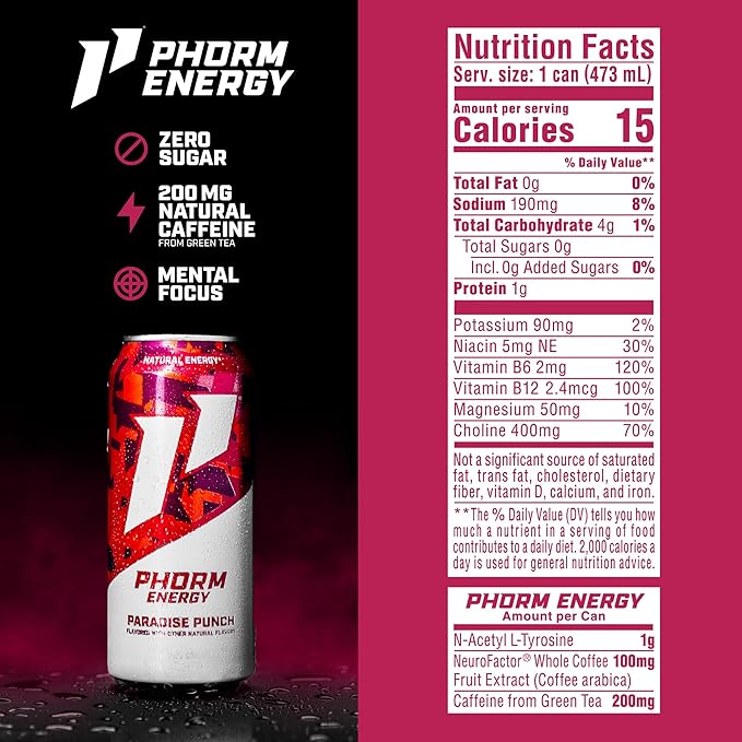 Phorm Energy Drink Paradise Punch 200 MG Natural Caffeine From Green Tea Sugar Free Carbonated Drink With Electrolytes &amp Vitamin B12 Dairy &amp Gluten Free Vegan 16 FL Oz Cans 12 Pack