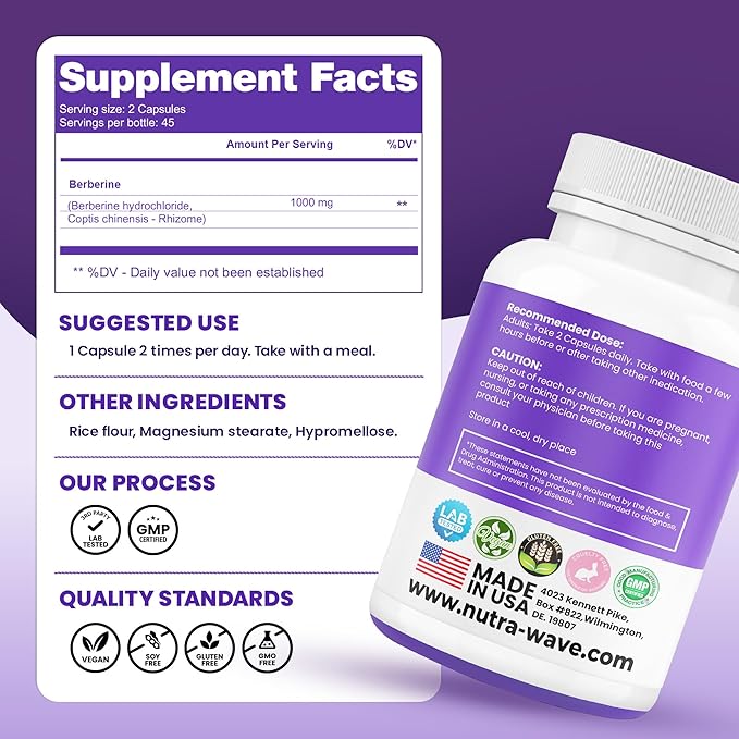 Nutra Wave Pure Berberine HCL 1000mg – Non-GMO Vegan Gluten Free – 90 Capsules