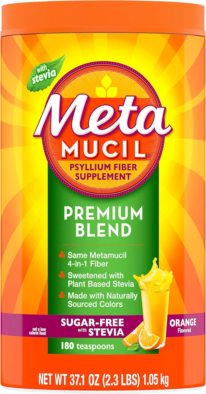 Metamucil Premium Blend 4-in-1 Fiber Supplement for Digestive Health Psyllium Husk Fiber Powder Sugar-Free with Stevia Plant-Based Fiber Supplement Orange Flavored 180 teaspoons (Pack of 4)