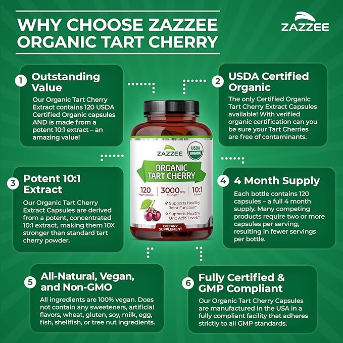 Zazzee USDA Organic Tart Cherry 10:1 Extract 120 Vegan Capsules 4 Month Supply Montmorency Cherry Daily Wellness Antioxidant Support Organic Herbal Supplement All-Natural Non-GMO Made in USA