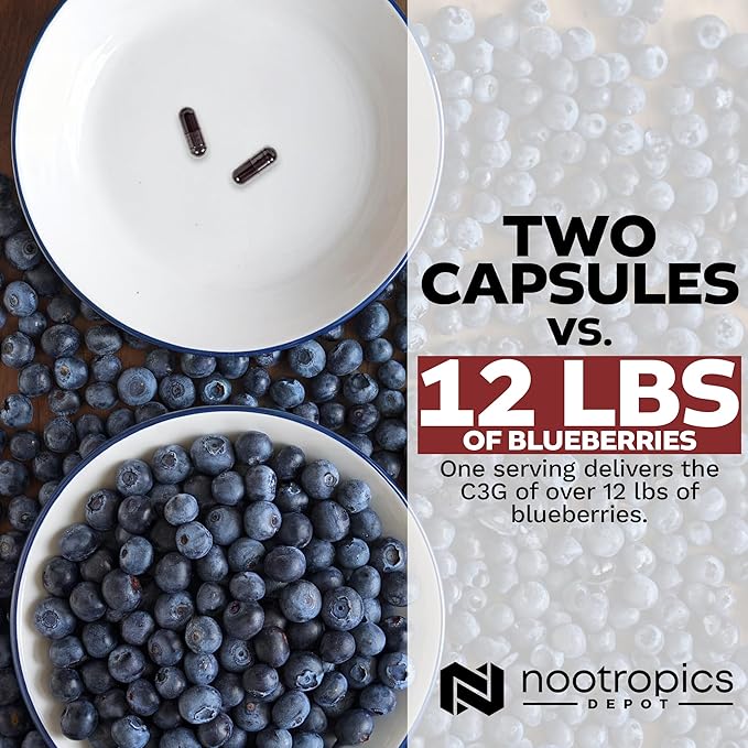 Nootropics Depot Cyanidin 3-Glucoside Capsules | 125mg | 60 Count | Black Rice Extract | C3G | Oryza Sativa | Metabolic Vision &amp Cognitive Support