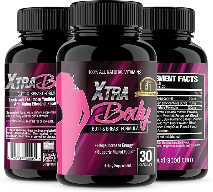 XtraBody Butt Enhancement and Breast Enlargement Supplement - Estrogen Enhancer - Increases Butt &amp Breast Size Reduces Menstrual Symptoms &amp Provides an Extra Boost of Energy (1 Bottle=30 Caps