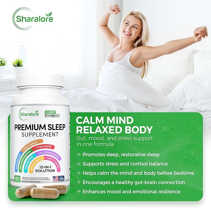13-in-1 Natural Sleep Aid for Adults – Melatonin-Free Premium Sleep Supplement with Magnesium Ashwagandha 5-HTP Valerian Root &amp Probiotics – Non-Habit Forming – 60 Capsules