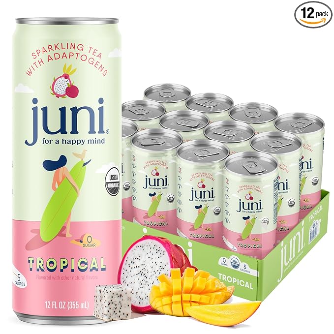 Juni Sparkling Adaptogen Drink with Ashwagandha Lion’s Mane &amp Reishi Mushrooms | Green Tea for Focus Zero Sugar 5 Calories Organic | Non Alcoholic Drinks - Tropical 12 pack