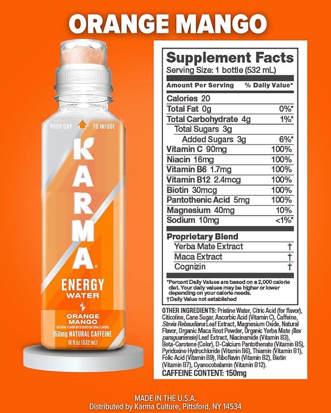 Karma Energy Drink – 12 Pack Orange Mango Caffeinated Water with Cognizin® Nootropics Vitamins &amp Immune Support Low Calorie