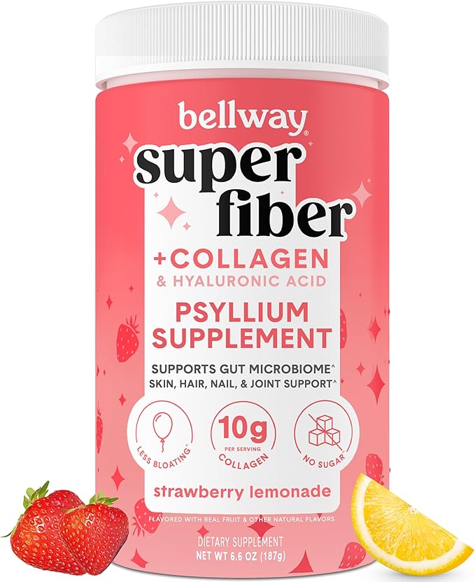 Bellway Super Fiber Powder + Collagen Sugar-Free Psyllium Husk Powder with Collagen Peptides and Hyaluronic Acid for Gut Health Healthy Skin Nails Bones &amp Joints Strawberry Lemonade (11 Servi