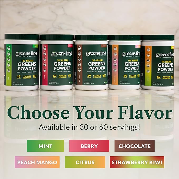 Greens First Original Greens Powder - 49 Superfoods - Organic Fruits &amp Veggies - Prebiotics Probiotics &amp Digestive Enzymes - Antioxidant - Dairy Free/Vegan/Non-GMO (Strawberry Kiwi 30 Servin