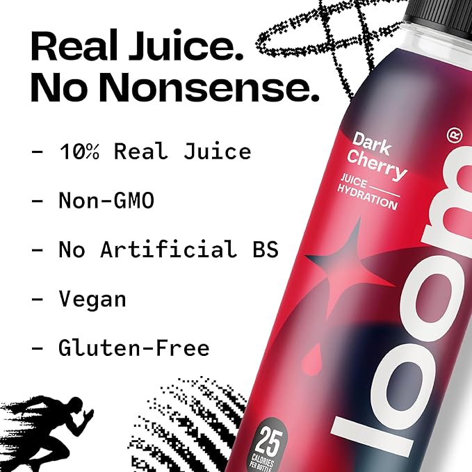 Dark Cherry Juice Drinks by Loom Low Sugar Juice Real Fruit No Added Sugar Healthy Hydration 30 Calories 12 oz bottles 12 pack