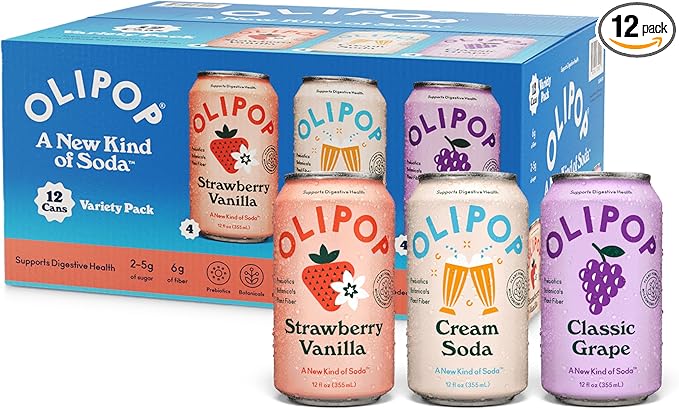 OLIPOP Prebiotic Soda Pop 3 Flavor Variety Pack Prebiotics Fiber and Botanicals Gluten GMO 12oz (12-Cans)