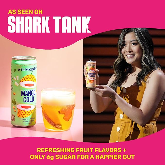 wildwonder Sparkling Probiotic Drink 6pk For Gut Health &amp Immune Support Classic Variety Pack 5g Prebiotic Fiber Live Probiotics Organic Vegan Low Sugar 6 Pack 12oz Can Seen on Shark Tan