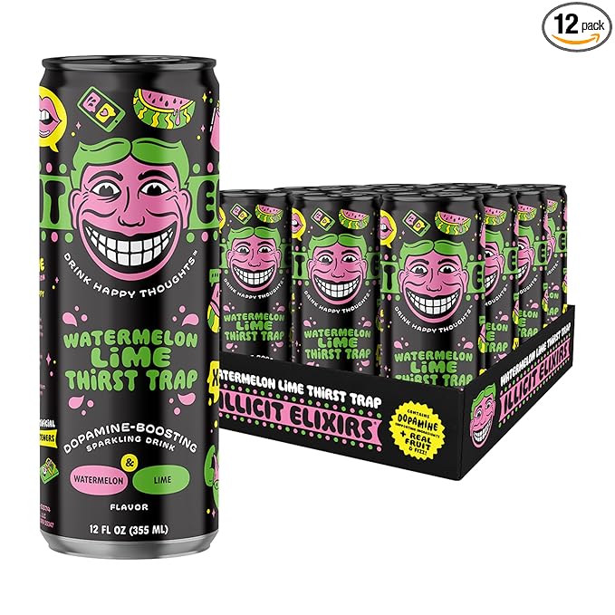 Illicit Elixirs - Sparkling Juice Mocktails with Real Fruit Juices and Functional Amino Acid Blend that Supports Dopamine Production - Non-Alcoholic &amp Caffeine Free (12 Pack Watermelon Thirst Tra