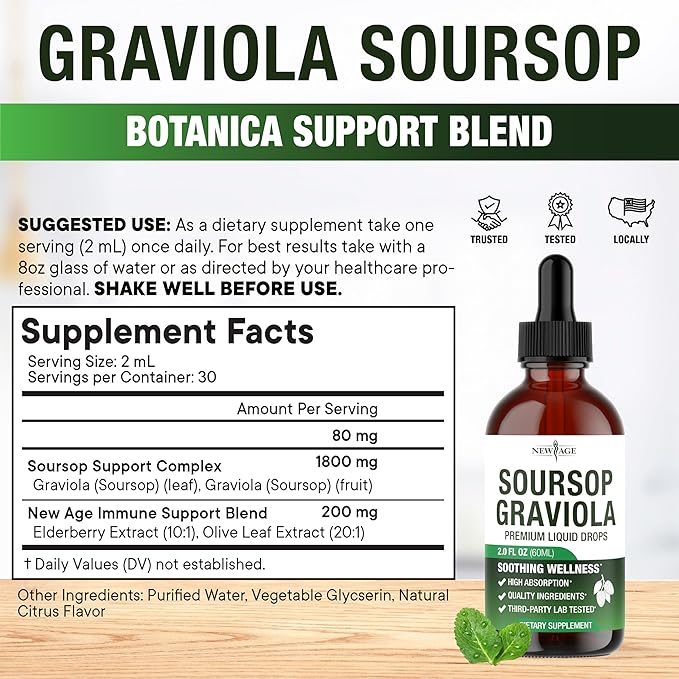 NEW AGE Soursop Drops - Soursop Bitters Liquid with Soursop Fruit and Leaves Elderberry Vitamin C and Olive Leaf - Multimineral &amp Vitamins Superfood - 4 oz