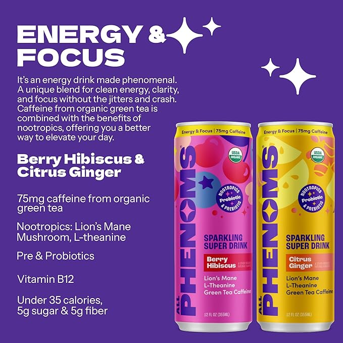 All Phenoms Sparkling Organic Prebiotic &amp Probiotic Drink - Adaptogen Mushroom Blend (Lions Mane &amp Reishi) L-Theanine Caffeine Fiber B12 C Zinc Gluconate (No Stevia) - Variety Pack 12 P