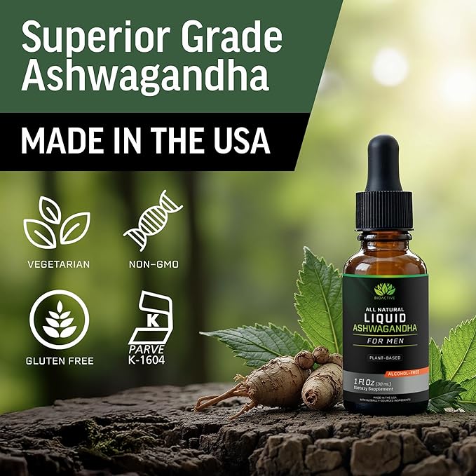 BIOACTIVE Liquid Ashwagandha Drops - Testosterone Health Supplement* - Adaptogen for Stress Support Men’s Wellness - Organic Vegetarian Gluten Free Non-GMO 59 Servings (1 Oz Honey)