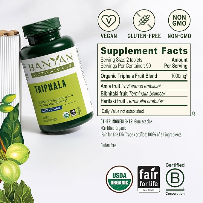 Banyan Botanicals Organic Triphala Tablets - Gentle Daily Digestion &amp Colon Cleanse Support - Amla Haritaki Bibhitaki - Healthy Elimination Detox &amp Gut Microbiome - 180 Tablets - Non-GMO V