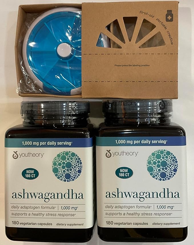 Youtheory Ashwagandha 1000mg with KSM-66 - Helps Support a Healthy Stress Response180 Capsules (Pack of 2) and Pill Orgnizer Bundles