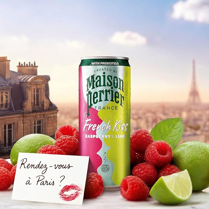 Maison Perrier French Kiss Sweetened Sparkling Juice Beverage Raspberry &amp Lime Flavors With Real Fruit Juices 24Pk