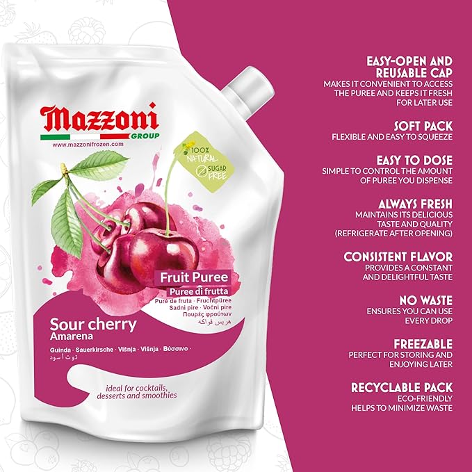 Mazzoni - Cherry Puree 100% Italian Pure Sour Cherry (Amarena) Juice Just Fruit No Sugar Added Real Fruit Mixer for Cocktails Drinks Smoothies - 2.2 lb Convenient Pouch Made in Italy
