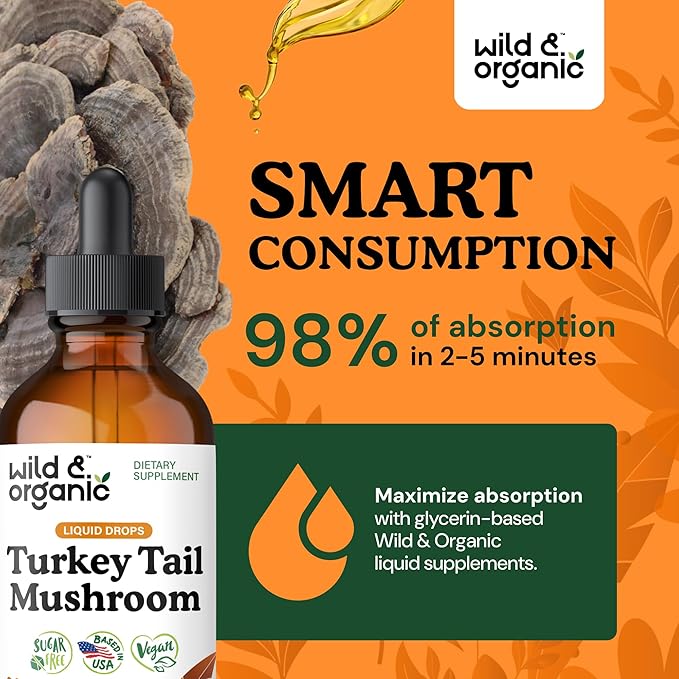 Wild &amp Organic Turkey Tail Mushroom Tincture - Immune Support Drops with Turkey Tail Extract - Liquid Mushroom Supplement for Gut Support - Vegan Sugar &amp Alcohol-Free - 4 fl oz