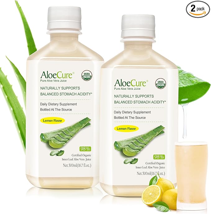 AloeCure USDA Organic Aloe Vera Juice Lemon Flavor - Made Within 12 Hours of Harvest - Natural Digestive Supplement for Balanced Stomach Acidity - Support Digestive and Immune Health 2 Btls x 16.7oz