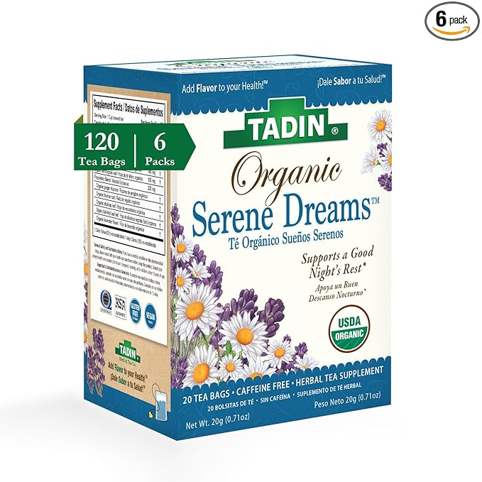 Tadin Organic Serene Dreams Tea Caffeine Free Herbal Tea to Support a Good Night's Rest 20 Tea Bags Per Box Pack of 6