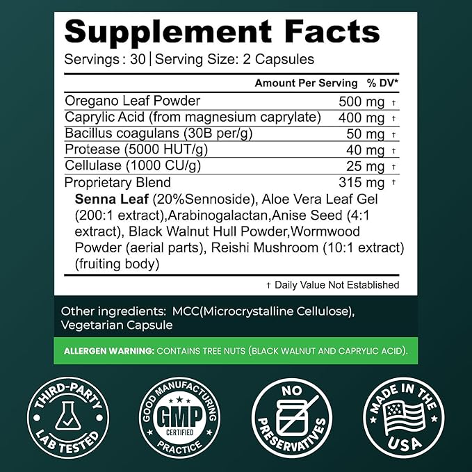 Candida Complex with Caprylic Acid for Men &amp Women – Anti Overgrowth Balance and Restore Supplement for Yeast Healthy Gut Flora &amp Skin with 30B/g Probiotic Oregano Senna - 1 Month Supply