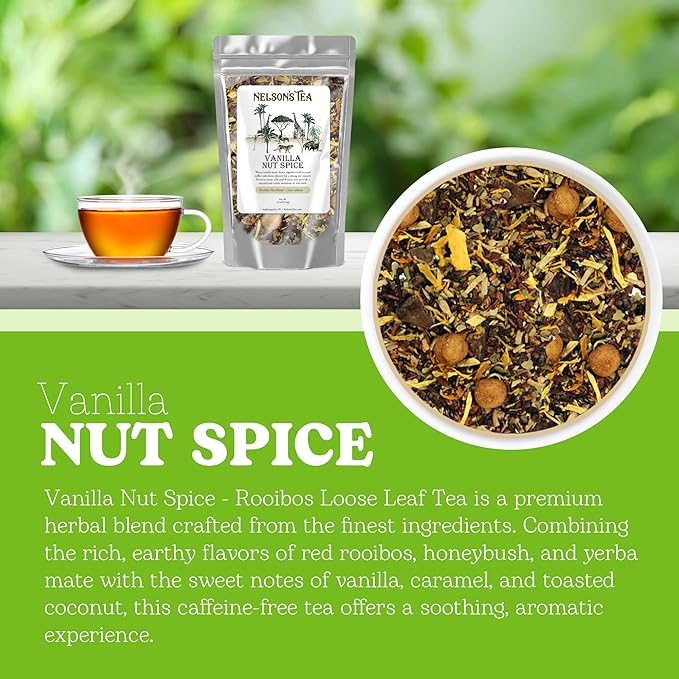 Nelson's Tea Vanilla Nut Spice - Cut &amp Sifted Low Caffeine Rooibos Loose Leaf Tea with Honeybush Yerba Mate Chicory Root Licorice Root Cardamom Seeds Coconut and Marigold Herbal Blend (16 oz