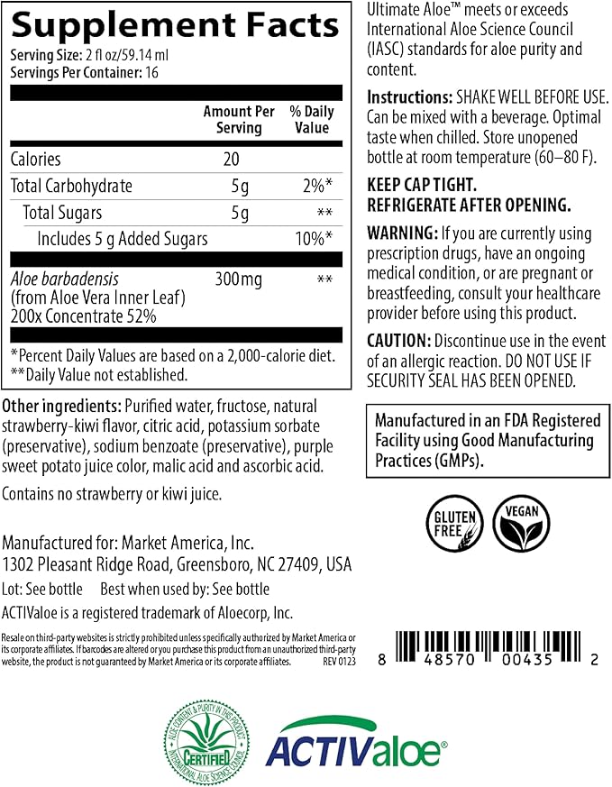 Ultimate Aloe – Aloe Juice for Gut Health Digestive Comfort Immune Support and Nutrient Absorption – Strawberry &amp Kiwi Flavor – 16 Servings