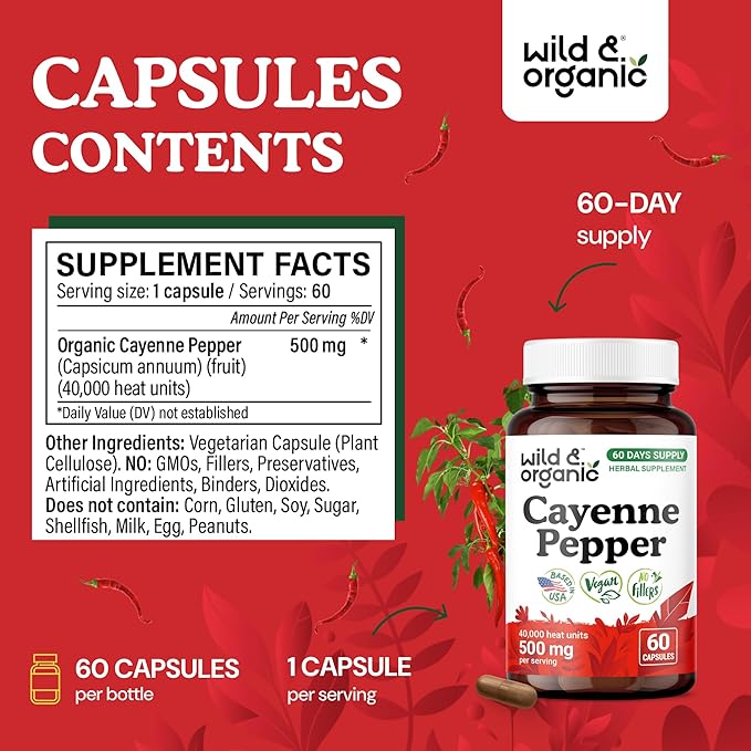Wild &amp Organic Cayenne Pepper Capsules 500 mg - Digestive Support - Pure Cayenne Pepper Extract - Capsaicin Supplements - Vegan No Fillers Non-GMO - 60 Count