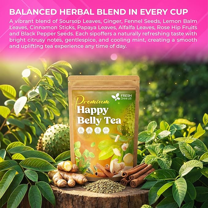 FreshDrinkUS Premium Happy Belly Tea | 135 Tea Bags | Herbal Tea Blend with Soursop Leaves Ginger Fennel Seed Lemon Balm Cinnamon Papaya Leaves &amp Rose Hip – Naturally Caffeine Free. Sugar Fr