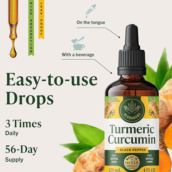 HERBAMAMA Turmeric Liquid Drops - Vegan Immune Digestive &amp Mobility Support with Turmeric Curcumin with Black Pepper Extract - Non-GMO Alcohol &amp Sugar-Free Antioxidant Supplement - 56-Day Su