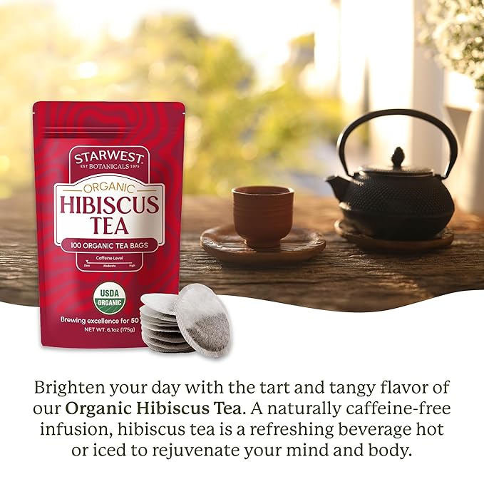 Starwest Botanicals Organic Hibiscus Tea - Caffeine Free Herbal Tea Tea with Antioxidant Properties String Free Sachets USDA Organic Hibiscus Flower Non GMO - Bulk Pack 100 Tea Bags