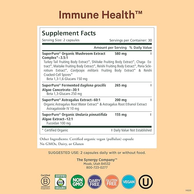 PURE SYNERGY Immune Health | Immune Support Mushroom Supplement | Astragalus and Beta-Glucan Extracts with Organic Functional Mushroom Extracts | for Year-Round Support (60 Capsules)
