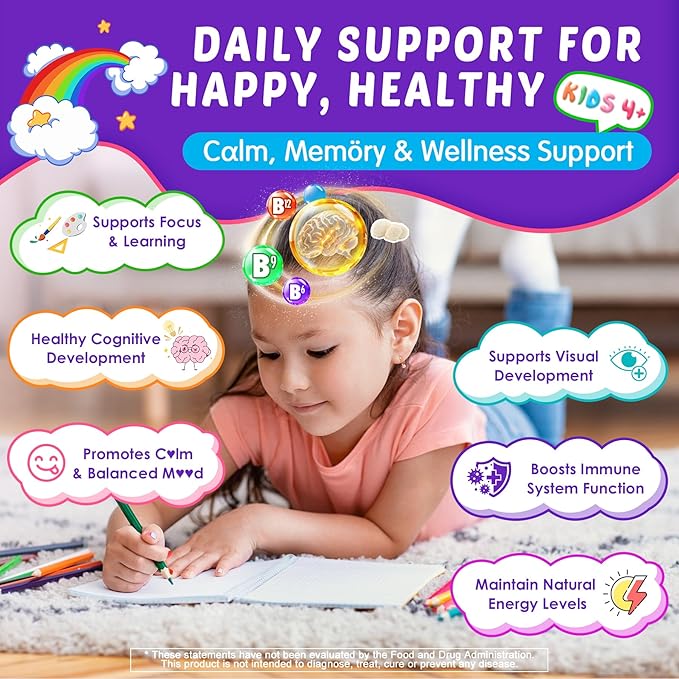 Kids Brain Gummies with Lion's Mane Mushroom Methyl B6 B9 B12 Supper Greens Lutein Brain Booster Supplement for Focus &amp Attention Cognitive Function Vision &amp Energy Sugar Free Vegan