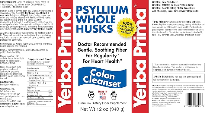 Yerba Prima Psyllium Husk 12 Ounce (Pack of 2) - Colon Cleanser Fiber Supplement - Natural Support for Gut Health - Non GMO Gluten Free Vegan