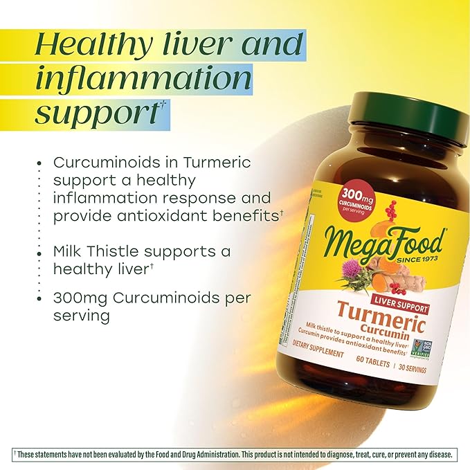 MegaFood Turmeric Curcumin Supplement for Liver Support - Turmeric Supplement with Black Pepper &amp Milk Thistle - 300mg Curcuminoids Per Serving - Vegan Gluten Free NonGMO - 60 Tablets 30 Servin