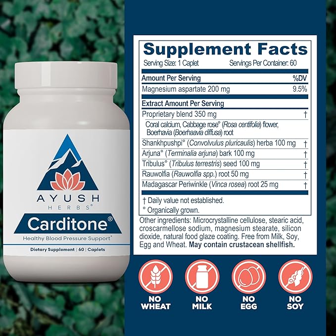 Ayush Herbs Carditone - Natural Heart Health Supplement for Women &amp Men BP Formula Holistic Heart Support with Rauwolfia Arjuna Calcium and Magnesium - 60 Vegetarian Caplets (1 Count)