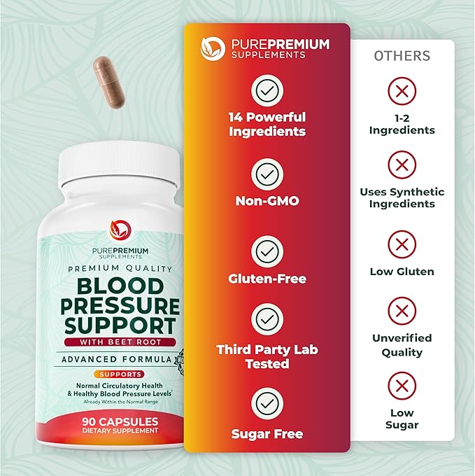 PurePremium Beet Root Capsules for Blood Pressure Support – 14-in-1 Formula with Beetroot Powder Hawthorn Hibiscus &amp Garlic for Normal Nitric Oxide Production &amp Heart Health – Non-GMO - 90ct