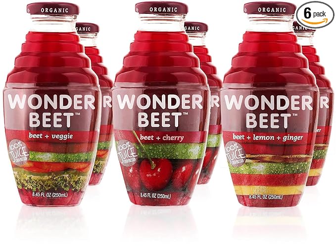 Beetology Organic Beet Juice 8.45oz Variety Pack 2 bottles each of: Beet + Veggie Beet + Lemon Ginger Beet + Cherry (6 Pack) Wonder Beet Juices | Organic Vegan Gluten Free Kosher and Awesome!