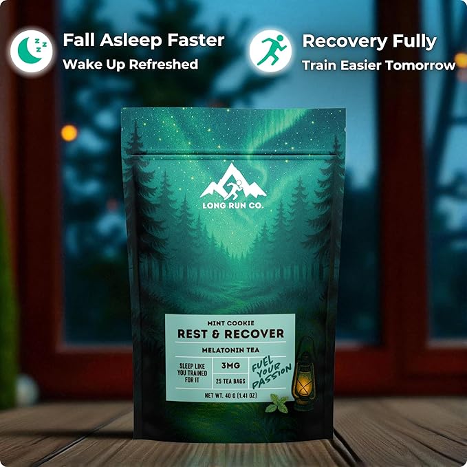 Rest &amp  Recover Sleep Tea by Long Run Co. – Caffeine‑Free Herbal Tea with Melatonin (25 Tea Bags) – All Natural Better Sleep &amp Recovery Wake Up Refreshed [6mg Melatonin Mint Cookie]
