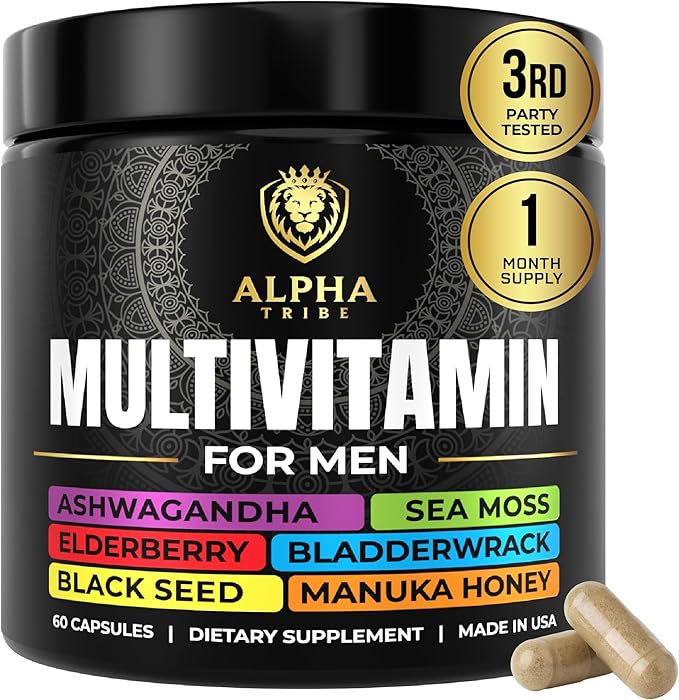 Alpha Tribe Multivitamin for Men with Seamoss Black Seed Oil Ashwagandha Burdock Root Turmeric Bladderwrack Vitamin C Elderberry Manuka Yellow Dock | Daily Men's Vitamins and Minerals Supplement