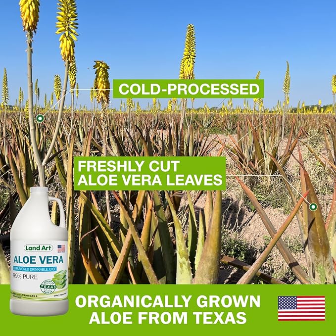 Land Art - Pure Aloe Vera Juice Unflavored – Cold-Processed - 99.7% Organic Aloe Vera Inner Fillet from Fresh Texas Leaves – Digestive Health Detox and Natural Wellness – 64 fl oz