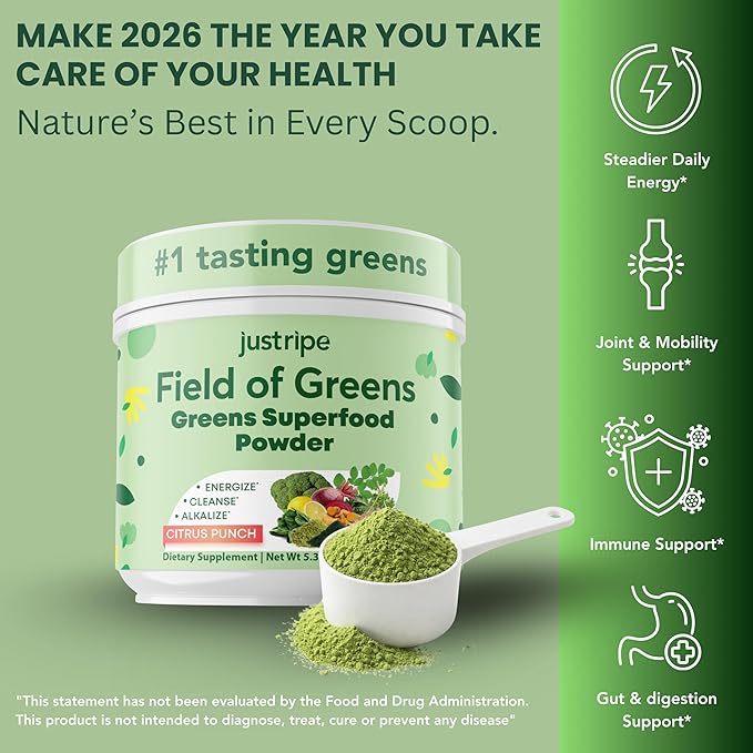 Field of Greens Superfood Powder with Organic Spirulina Chlorella Beet Root Powder - Bacillus Coagulans Probiotic A Plant-Based Mix Supporting Gut Health Immunity Bloom into Health 28 Scoops (1)
