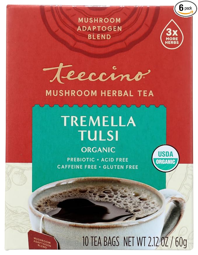 Teeccino Tremella Tulsi Flavored Mushroom Herbal Tea Caffeine Free Acid Free Kosher 10 Bags (Pack Of 6)