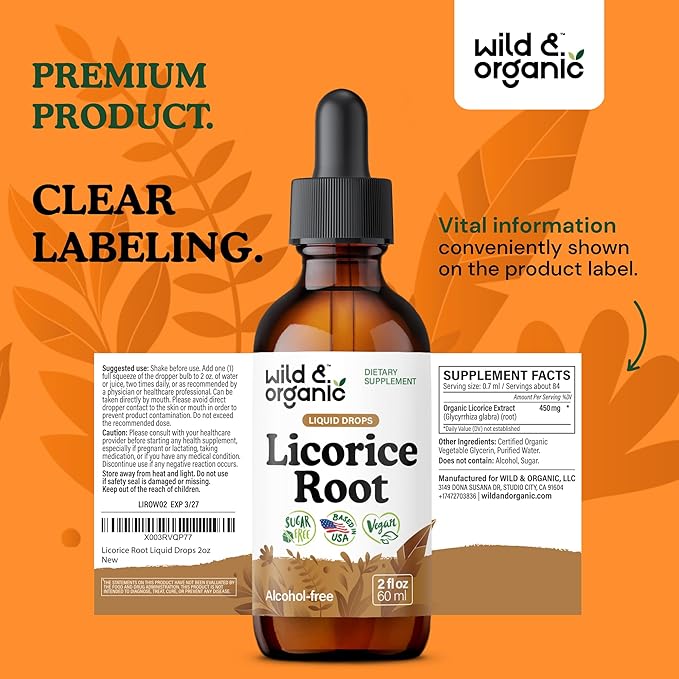 Wild &amp Organic Licorice Tincture - Digestive Support - Pure Licorice Root Extract Drops - Glycyrrhiza Glabra - Vegan Sugar &amp Alcohol-Free Supplement - 2 fl oz